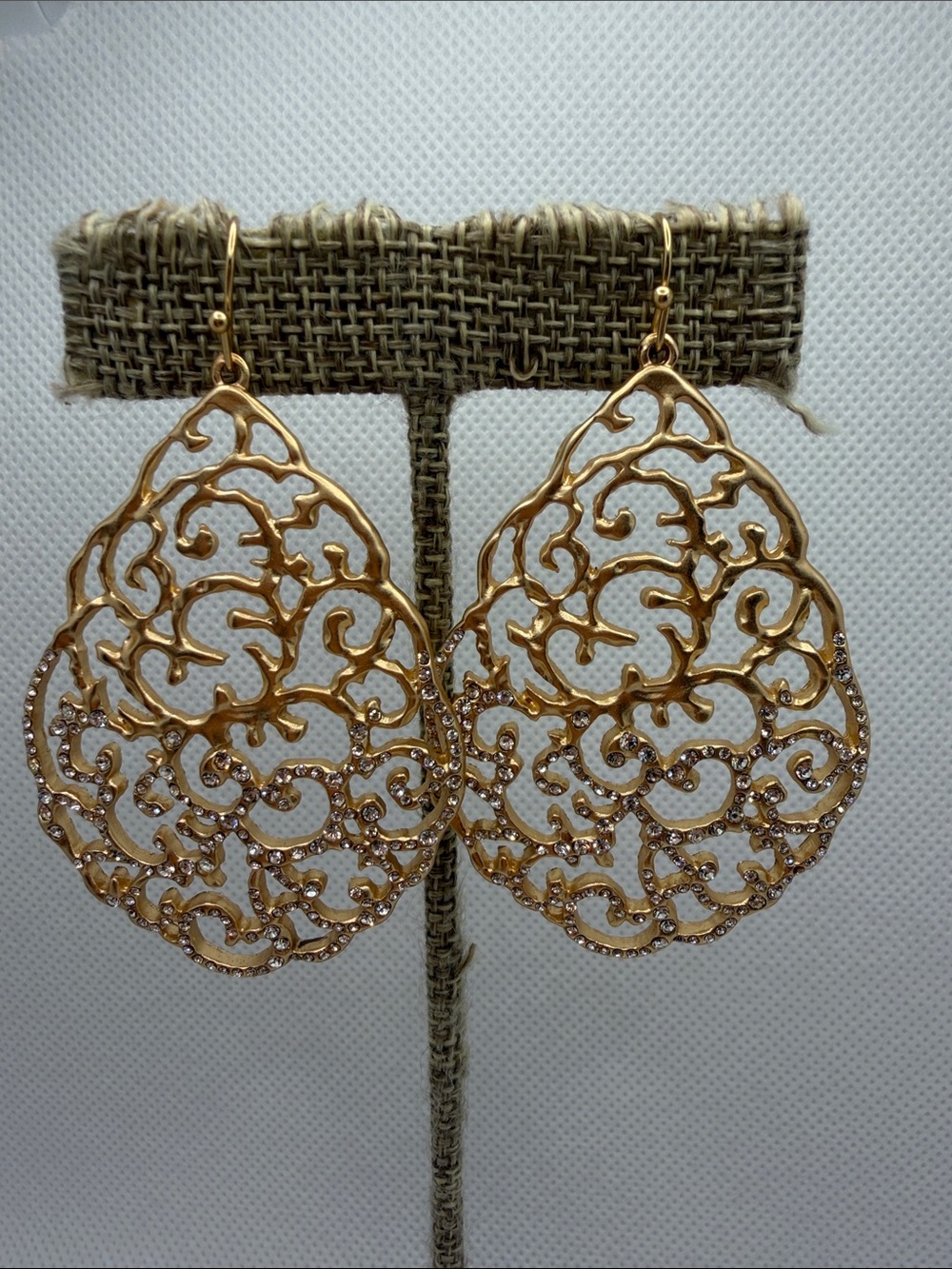 Gold Filigree Teardrop Earrings with Crystal Accents - Women Jewelry